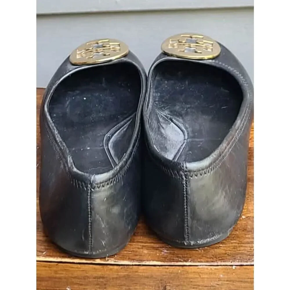 Tory Burch Black Reva Black Leather Ballet with Gold Logo size 9M